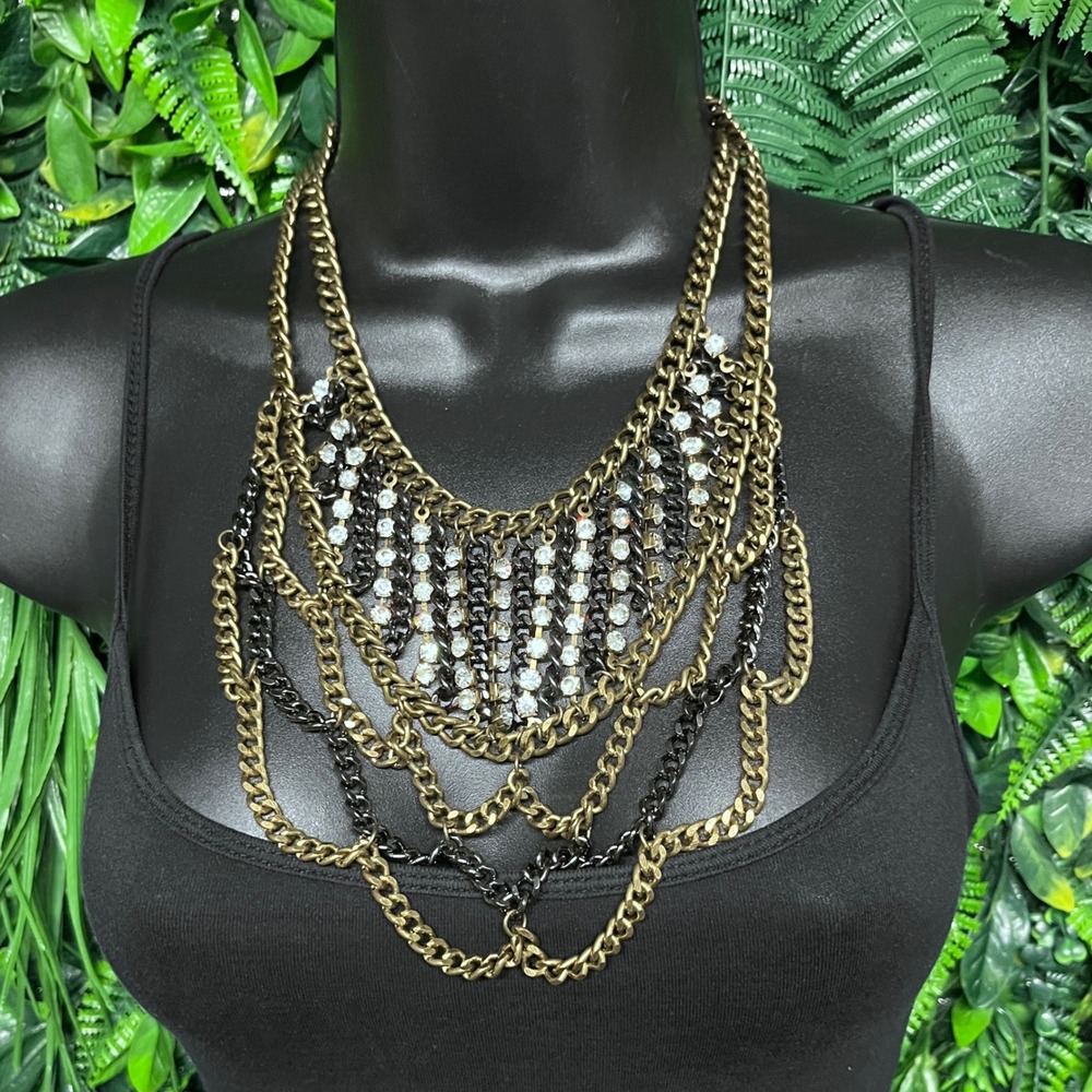 Bib Statement Necklace Antique Gold Gunmetal Layered Chain Rhinestone Edgy 3817‎